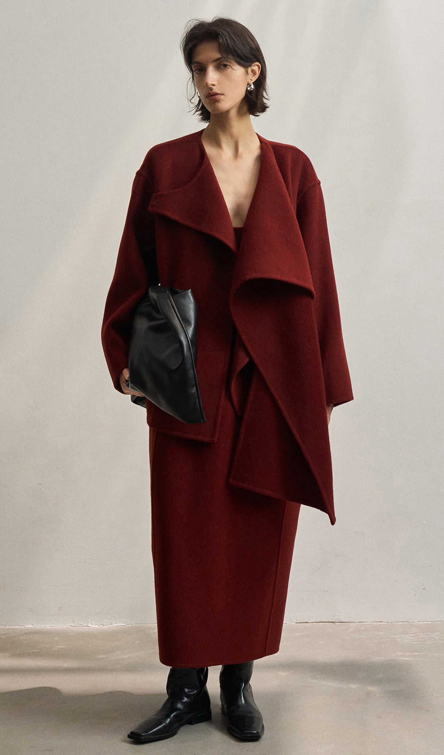 Düz Pelerin Tarzı Palto-Şarap Kırmızısı