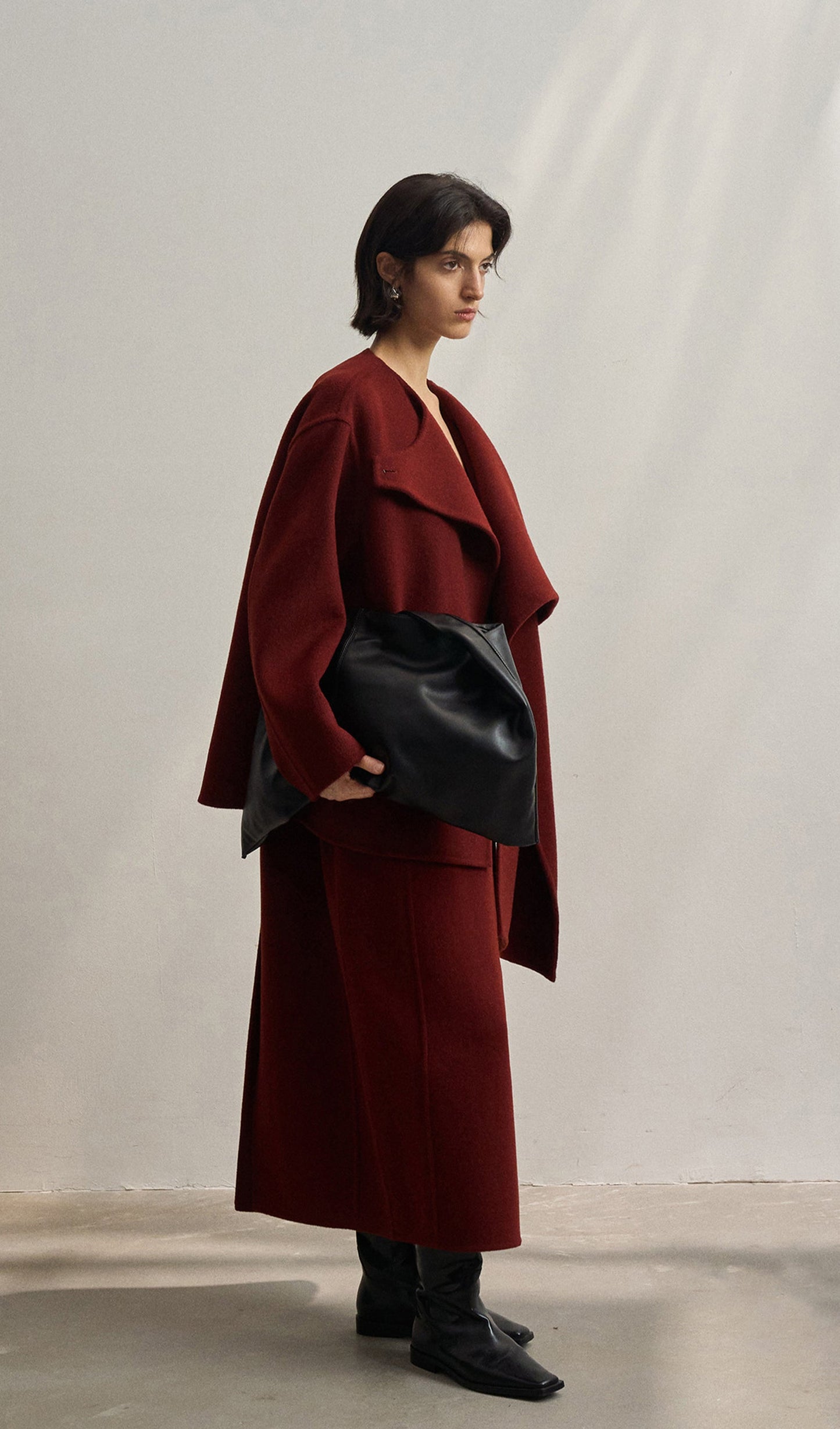Düz Pelerin Tarzı Palto-Şarap Kırmızısı
