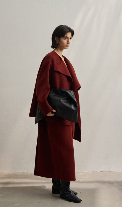 Düz Pelerin Tarzı Palto-Şarap Kırmızısı