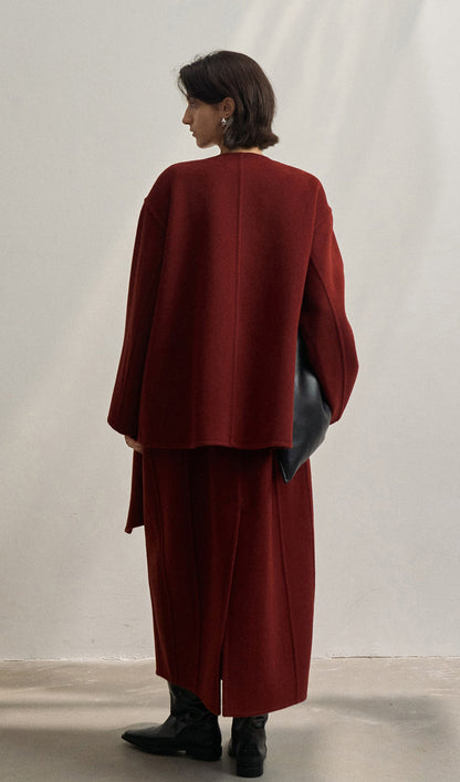 Düz Pelerin Tarzı Palto-Şarap Kırmızısı