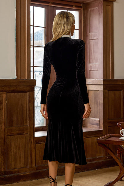 Christina Siyah İnci Süslü Uzun Kollu Uzun Elbise