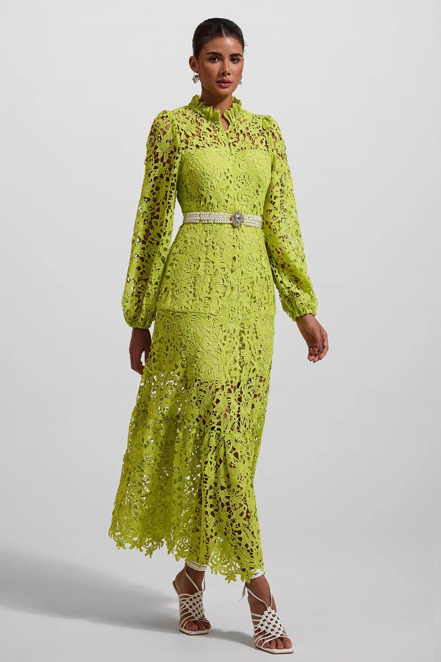 Dantel İşlemeli Uzun Kollu Uzun Elbise Yeşil