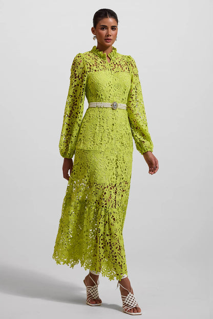 Dantel İşlemeli Uzun Kollu Uzun Elbise Yeşil