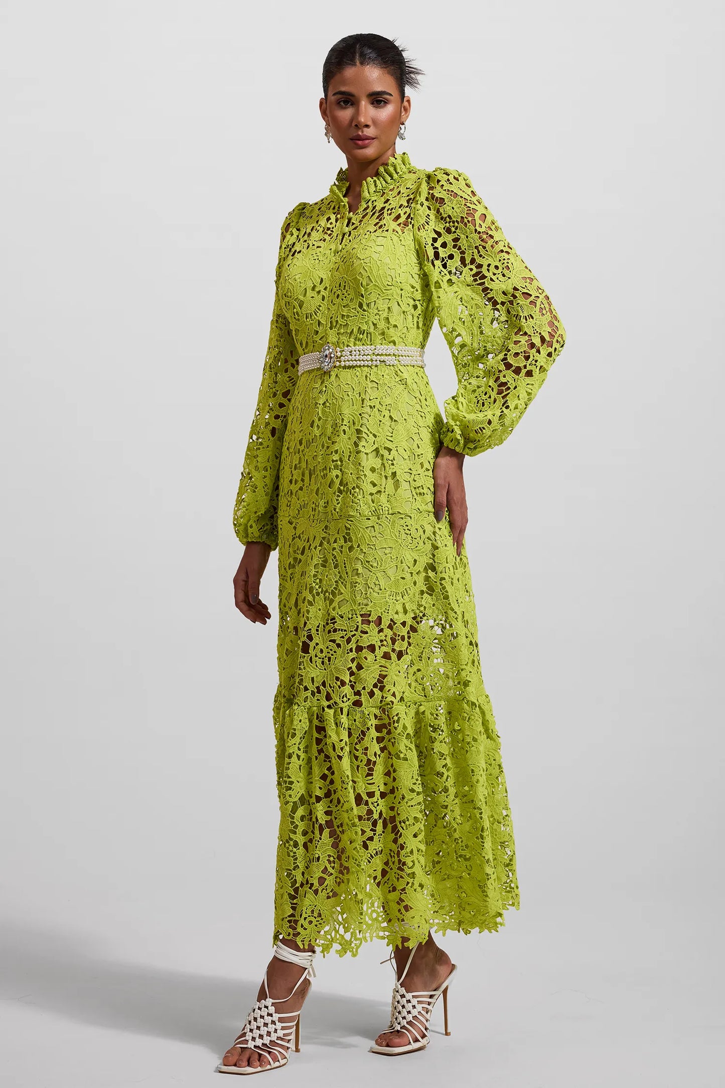 Dantel İşlemeli Uzun Kollu Uzun Elbise Yeşil