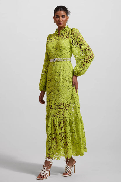 Dantel İşlemeli Uzun Kollu Uzun Elbise Yeşil