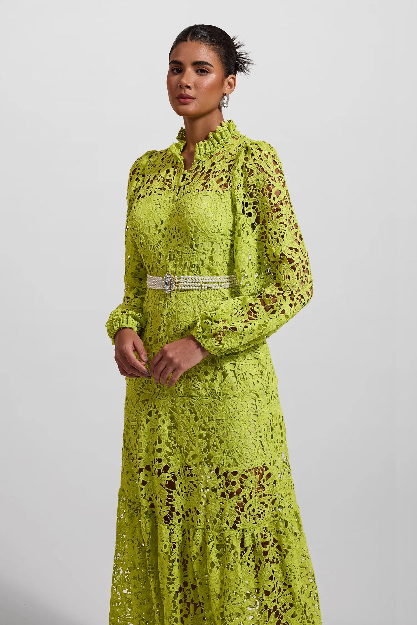 Dantel İşlemeli Uzun Kollu Uzun Elbise Yeşil