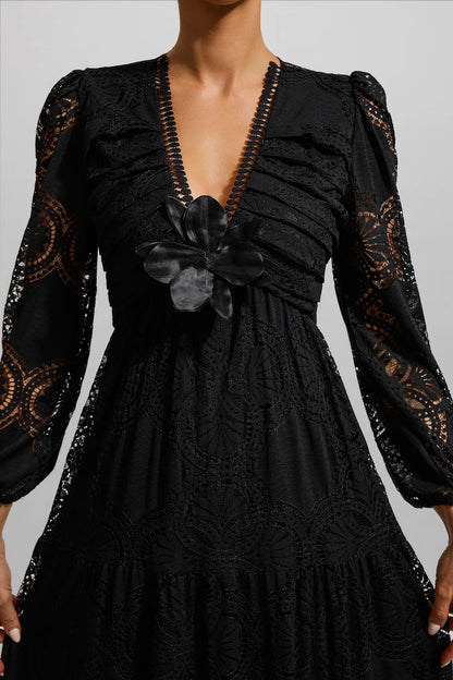 Dantel 3D Çiçekli Uzun Kollu Uzun Elbise Siyah
