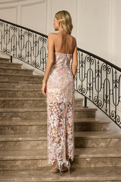 Leanna Açık Pembe Çiçek İşlemeli Uzun Elbise