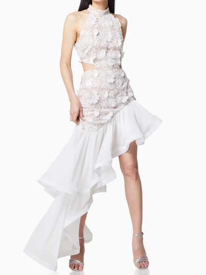 Çiçek Dantel Üstü Asimetrik Etek Ucu Elbise