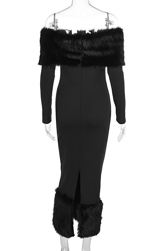 Şık Tek Omuzlu Kürk Yaka Dar Midi Elbiseler