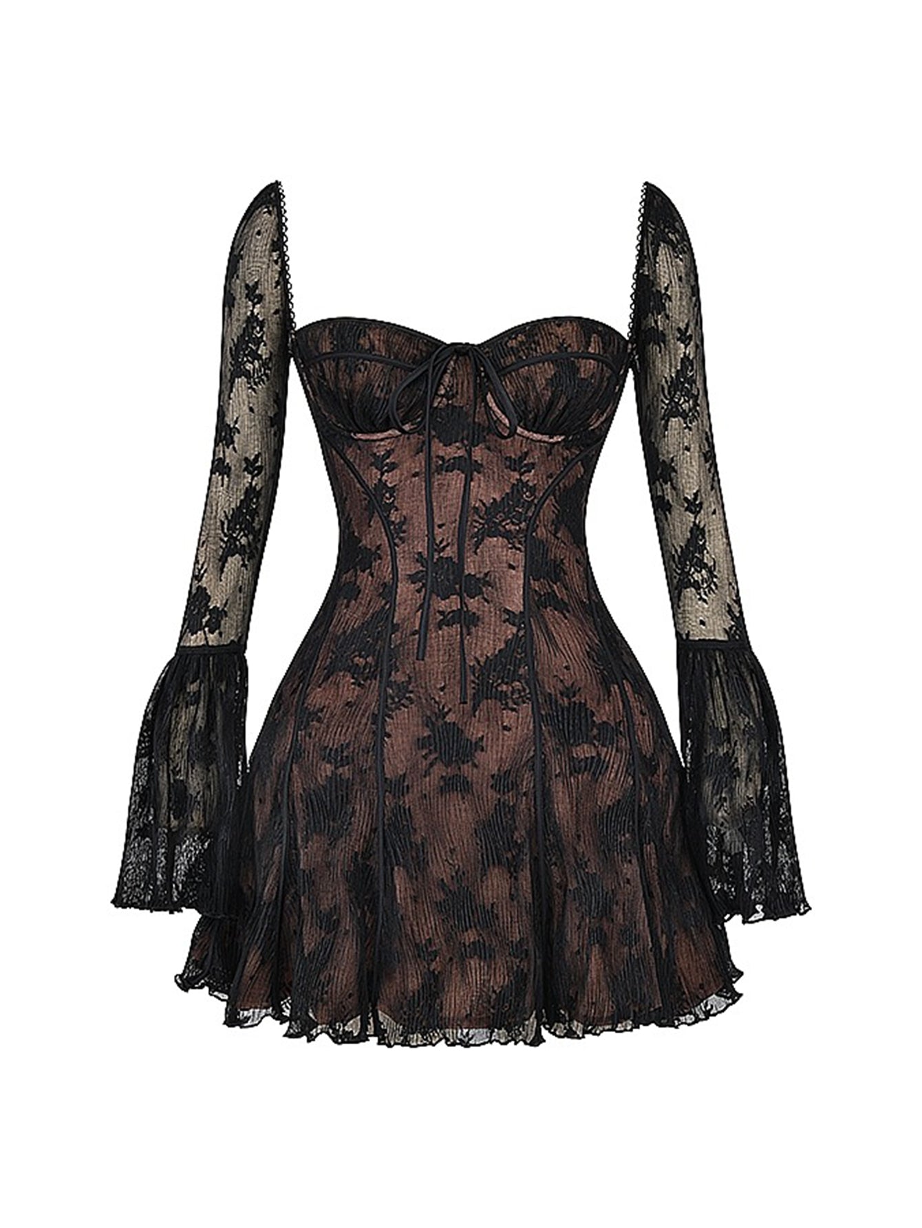 Uzun Dantel Falre Kollu Pileli Baskılı Mini Elbise