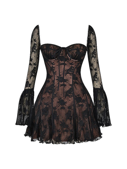 Uzun Dantel Falre Kollu Pileli Baskılı Mini Elbise