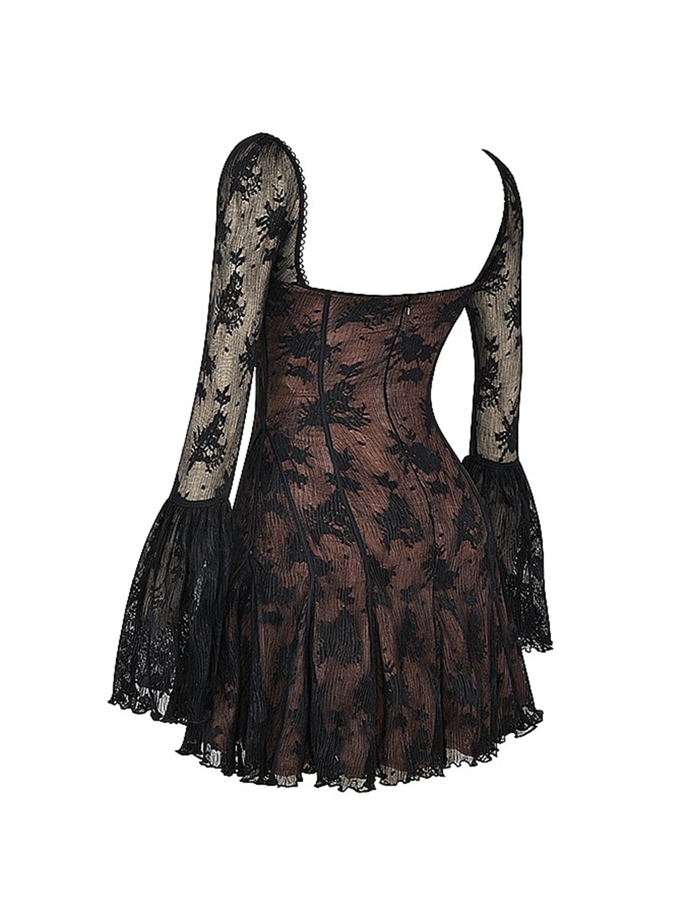 Uzun Dantel Falre Kollu Pileli Baskılı Mini Elbise