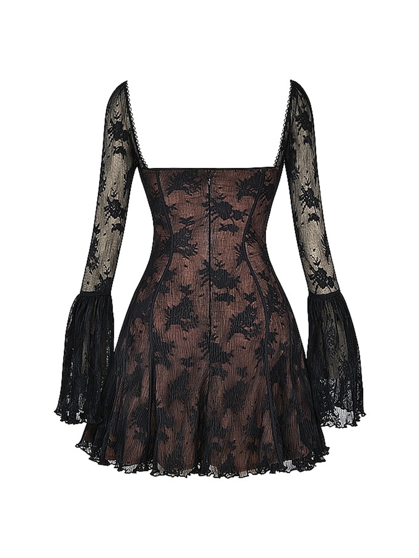 Uzun Dantel Falre Kollu Pileli Baskılı Mini Elbise