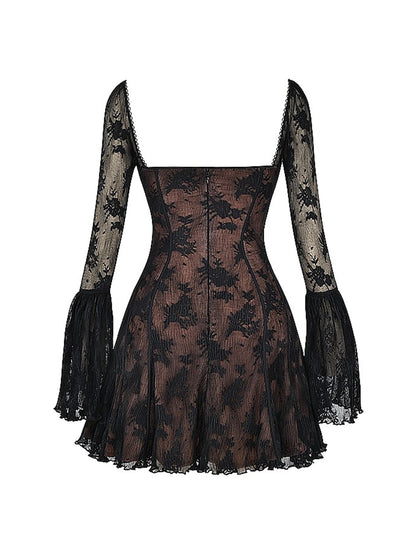 Uzun Dantel Falre Kollu Pileli Baskılı Mini Elbise