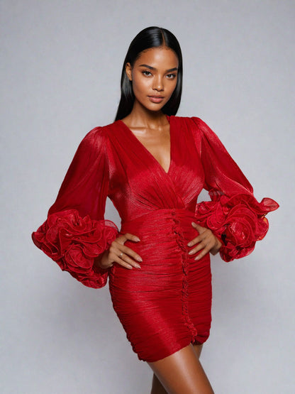 Anneline V Yaka Büzgülü Mini Elbise Kırmızı