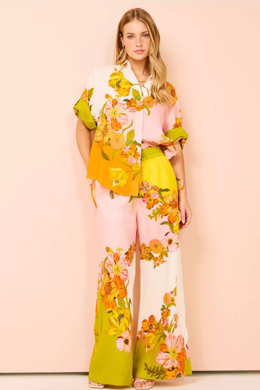 Tipik Baskı Beli Lastikli Cepli Geniş Paça Pantolon-Takım