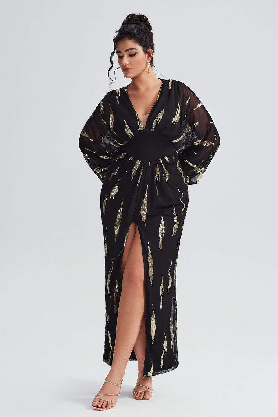 Taya-V Yakalı Kıvrımlı File Elbise