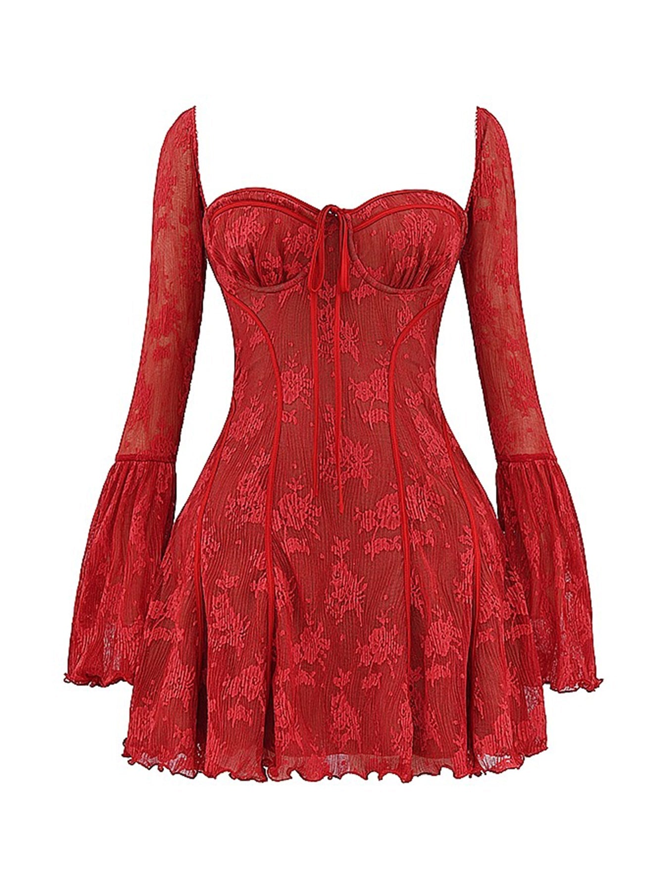 Uzun Dantel Falre Kollu Pileli Baskılı Mini Elbise