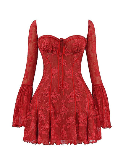 Uzun Dantel Falre Kollu Pileli Baskılı Mini Elbise