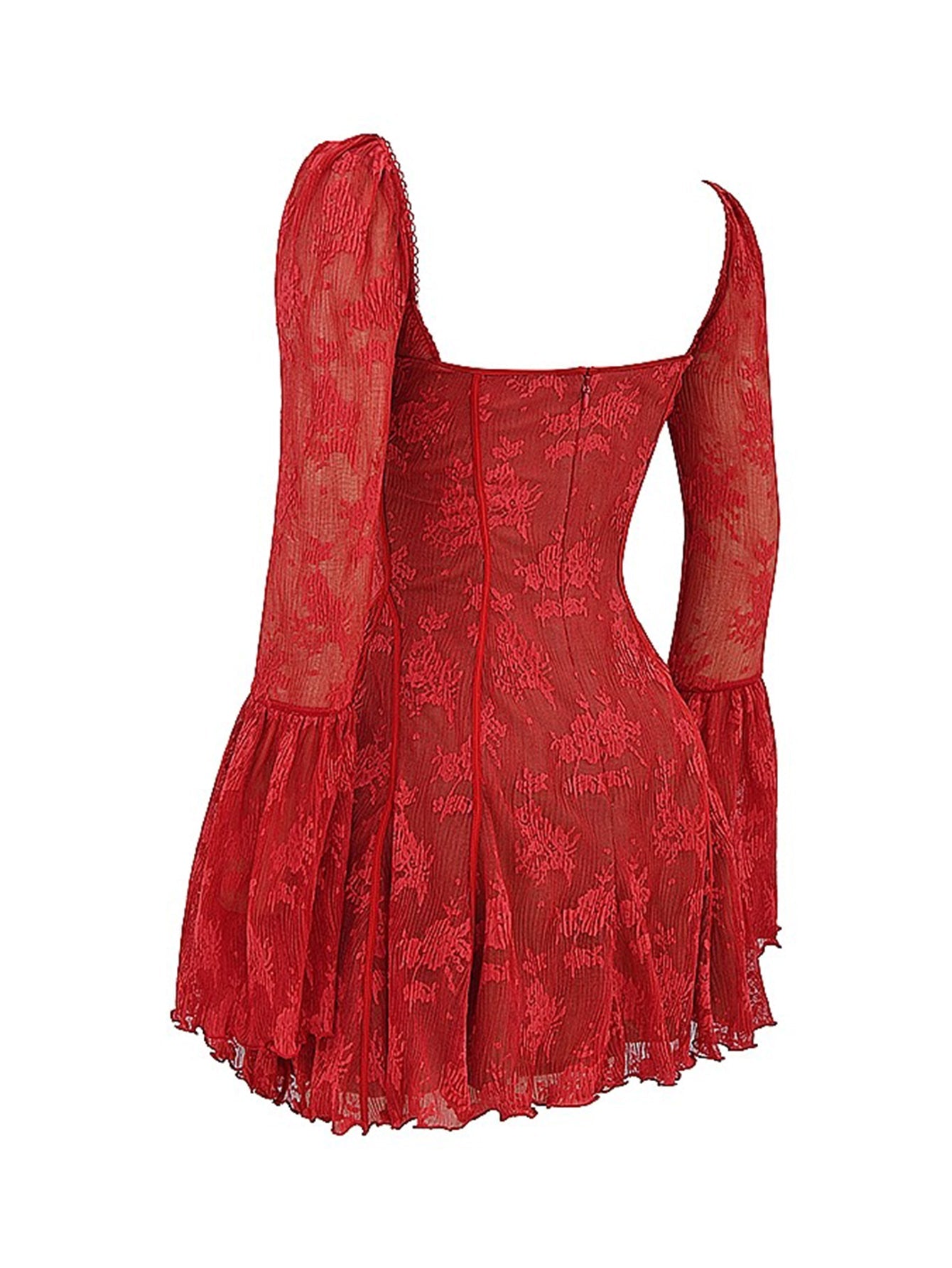 Uzun Dantel Falre Kollu Pileli Baskılı Mini Elbise