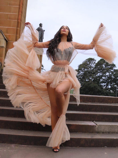 Gösterişli Allık Tül Gece Elbisesi