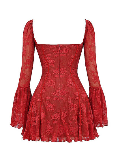 Uzun Dantel Falre Kollu Pileli Baskılı Mini Elbise