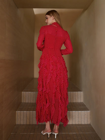 Puantiyeli Katmanlı Uzun Elbise
