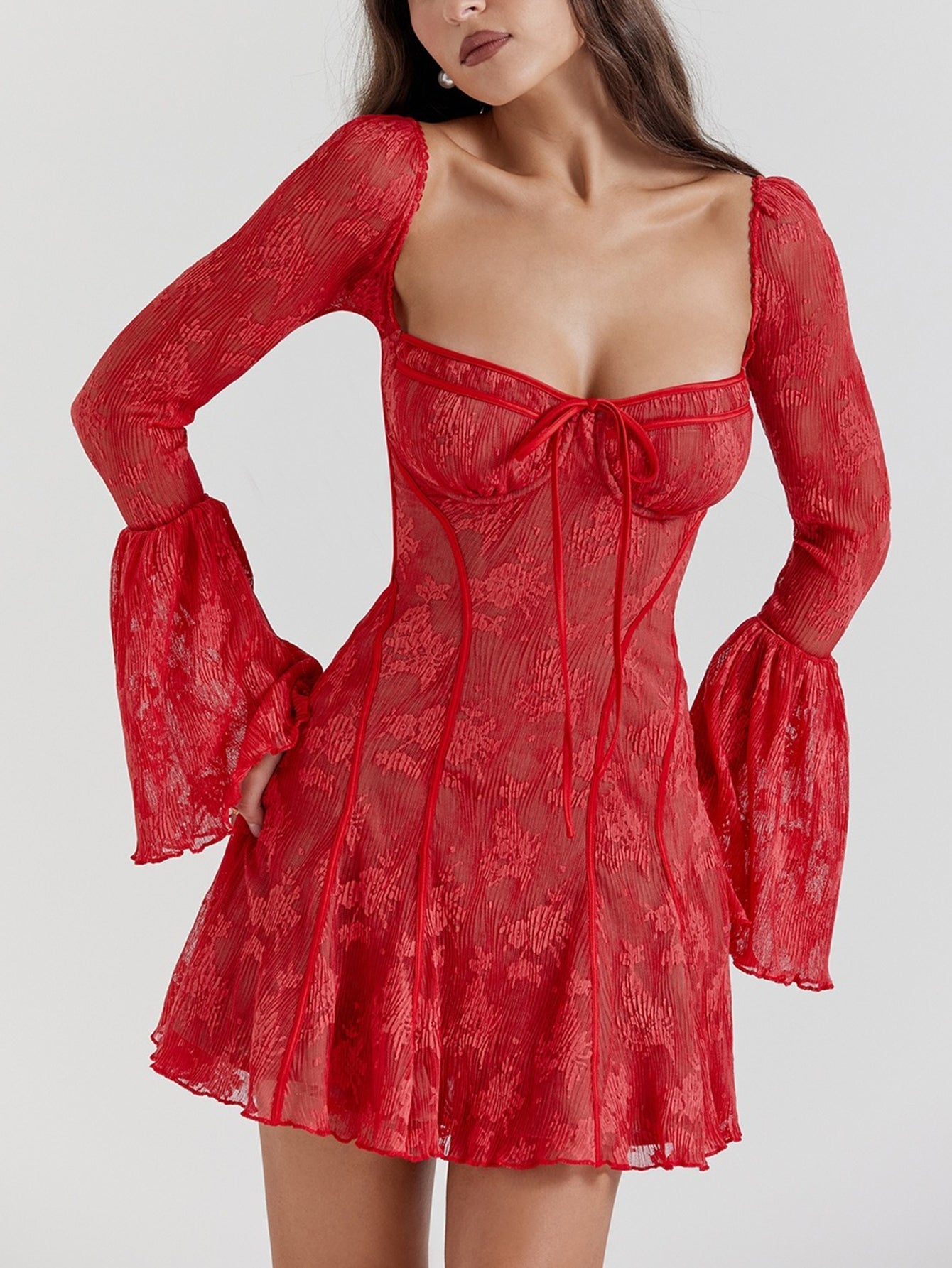 Uzun Dantel Falre Kollu Pileli Baskılı Mini Elbise