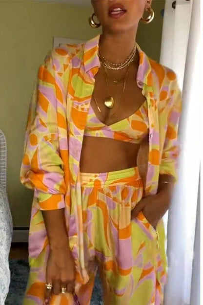 Klasik Desenli Bol Bel Lastikli Cepli Pantolon Takımı