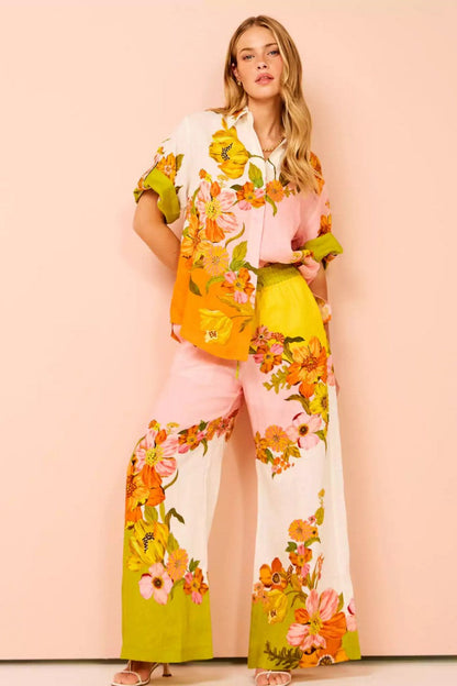 Tipik Baskı Beli Lastikli Cepli Geniş Paça Pantolon-Takım