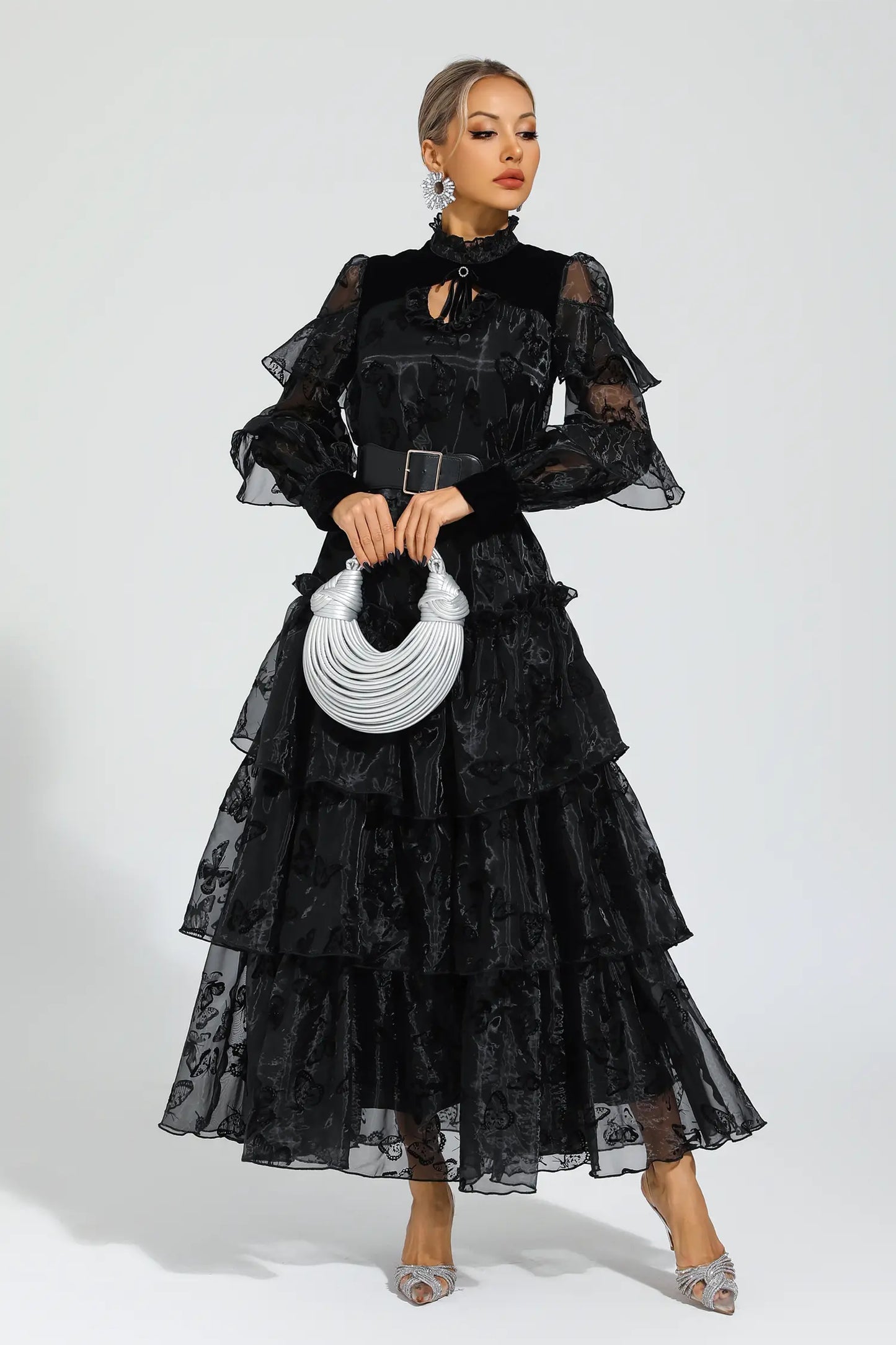 Kadife Çiçeği Siyah Kuşaklı File Uzun Elbise