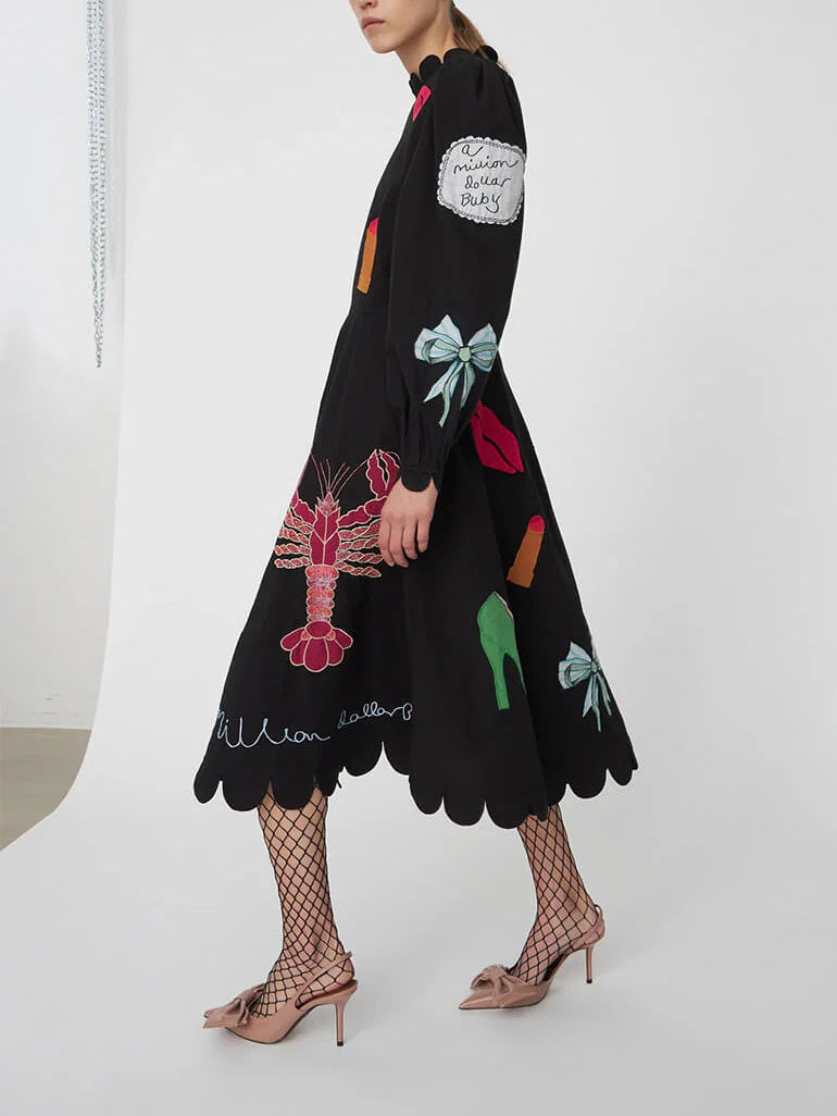 Istakoz Graffiti Tarak Kenar Midi Elbise