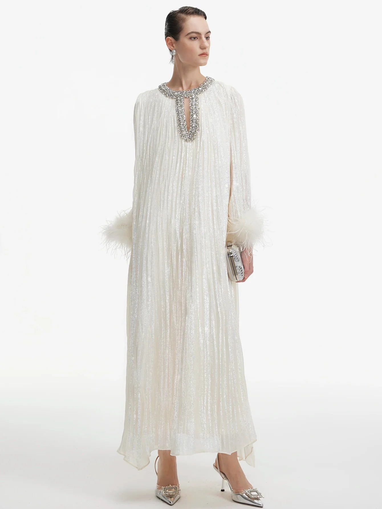 İnci Saten Tüylü Gece Elbisesi