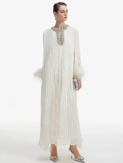 İnci Saten Tüylü Gece Elbisesi