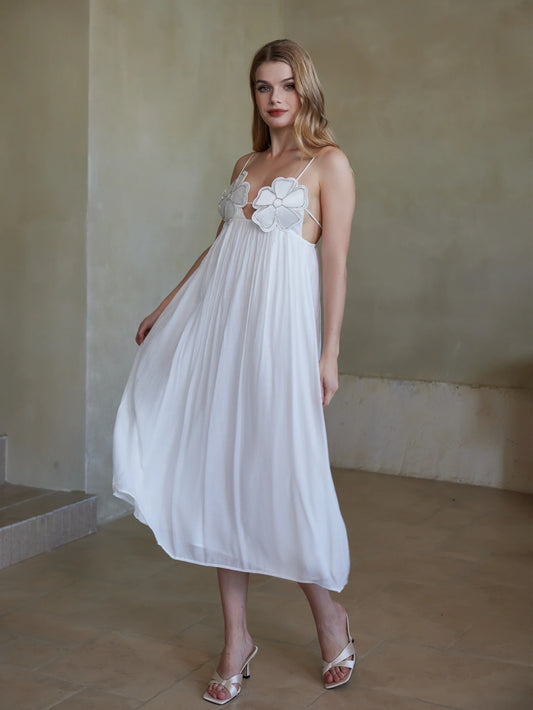 Şık Askılı Çiçek Aplikeli Uzun Elbise