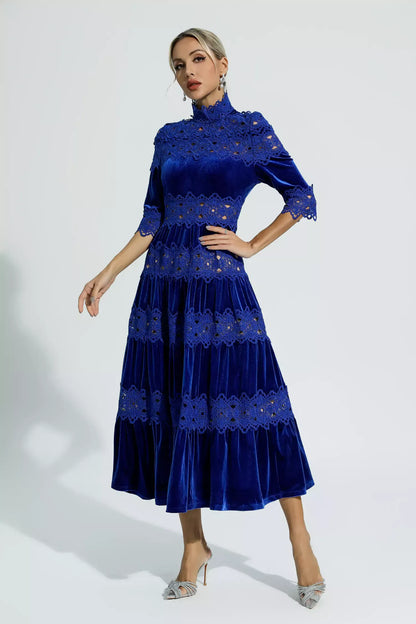 Henley Mavi Kesimli Uzun Kollu Maxi Elbise