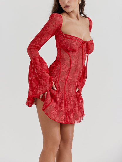 Uzun Dantel Falre Kollu Pileli Baskılı Mini Elbise