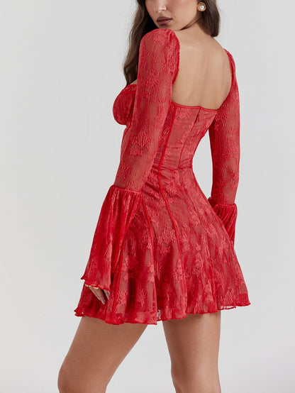 Uzun Dantel Falre Kollu Pileli Baskılı Mini Elbise