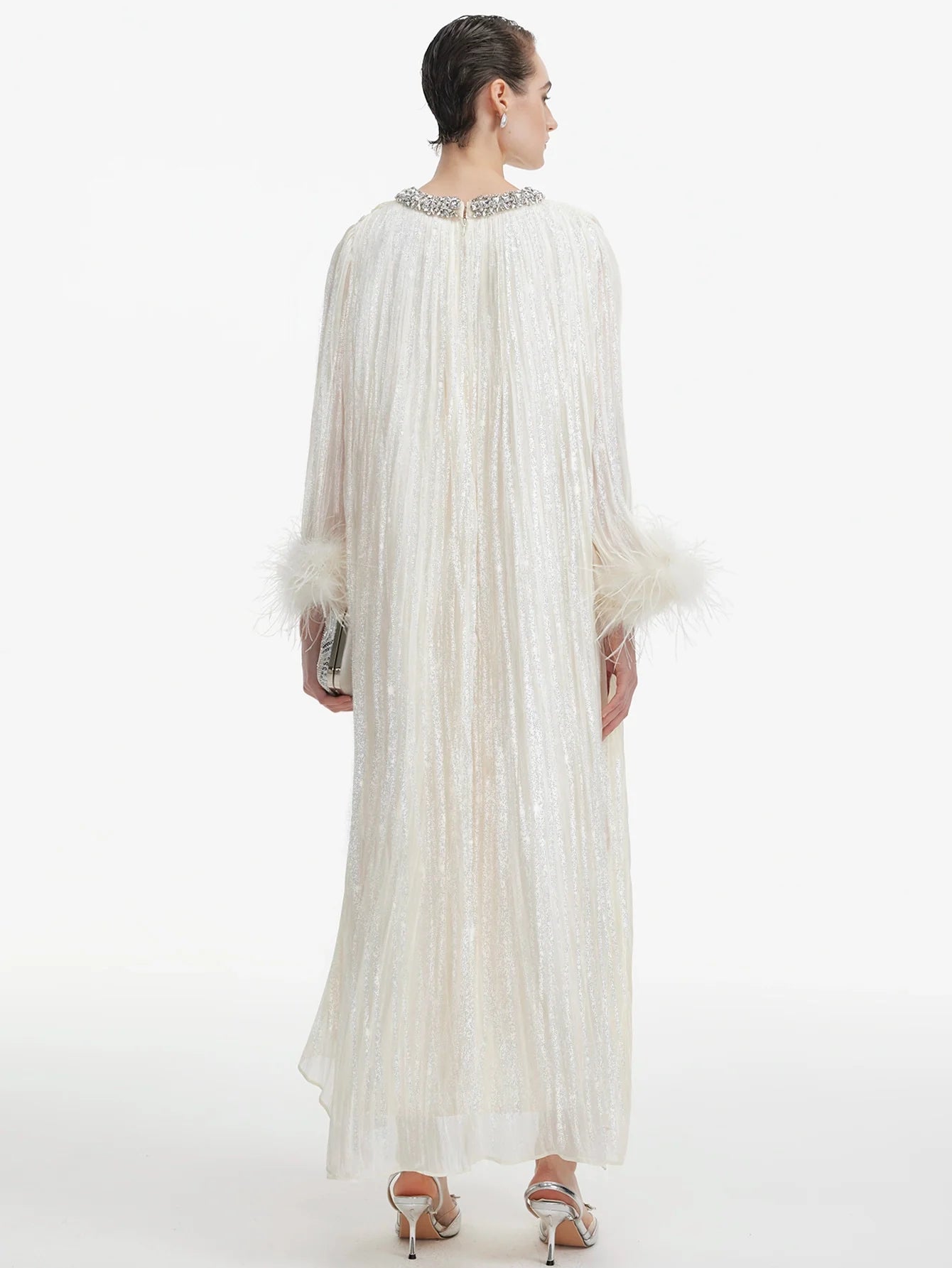 İnci Saten Tüylü Gece Elbisesi