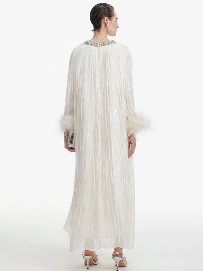 İnci Saten Tüylü Gece Elbisesi