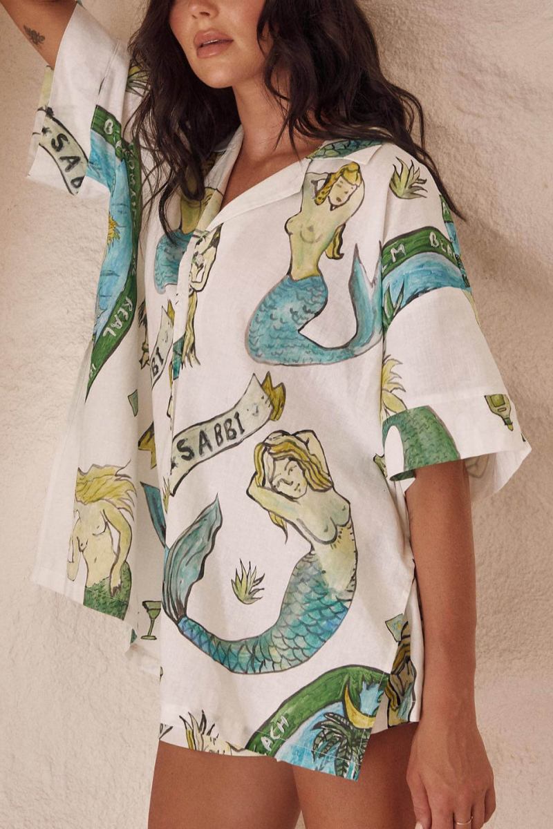 Tatil Deniz Kızı Baskı Gevşek Şort İki Parçalı Set
