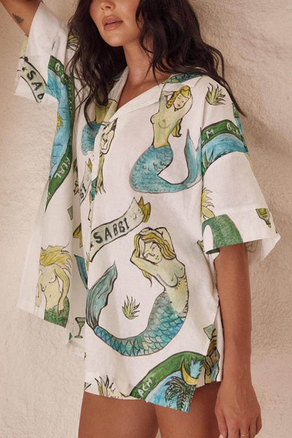 Tatil Deniz Kızı Baskı Gevşek Şort İki Parçalı Set