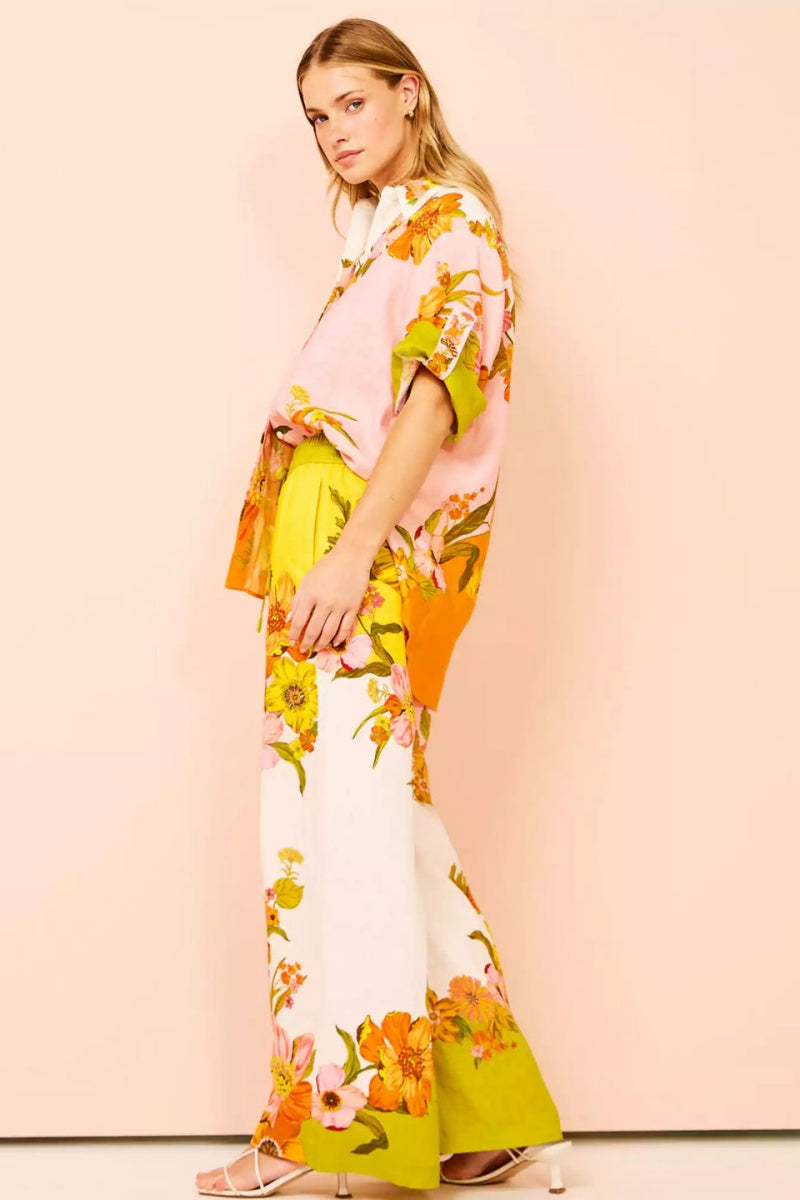 Tipik Baskı Beli Lastikli Cepli Geniş Paça Pantolon-Takım