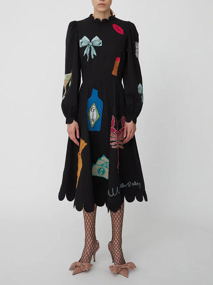 Istakoz Graffiti Tarak Kenar Midi Elbise