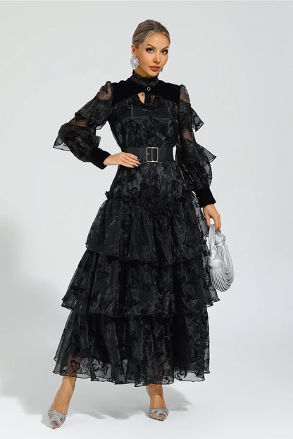 Kadife Çiçeği Siyah Kuşaklı File Uzun Elbise