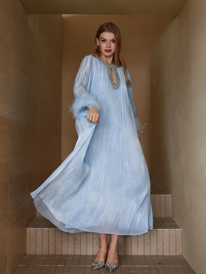 İnci Saten Tüylü Gece Elbisesi