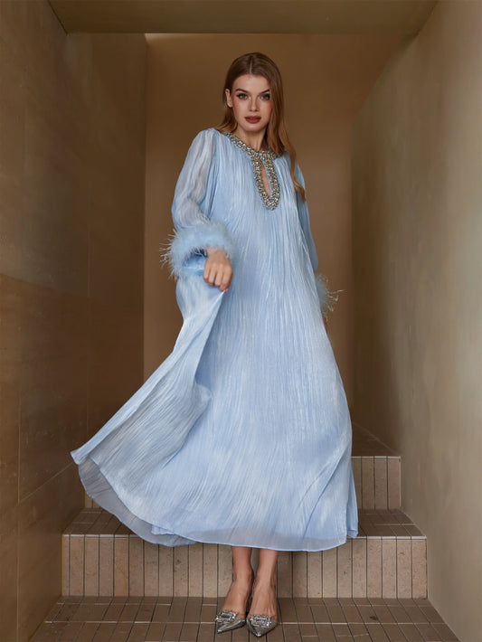 İnci Saten Tüylü Gece Elbisesi