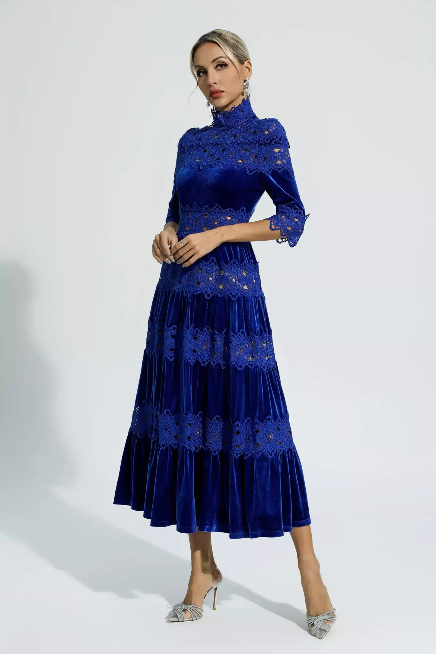 Henley Mavi Kesimli Uzun Kollu Maxi Elbise