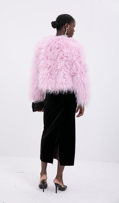 Kısa Koyun Postu Ceket Palto-Kiraz Çiçeği